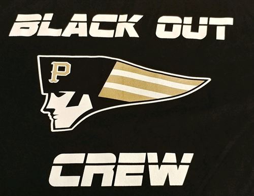 a stylized patriot head logo with the words Black out crew